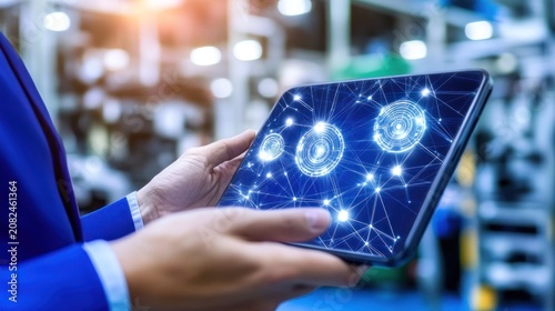 Close-up of a person holding a tablet displaying a network graphic.