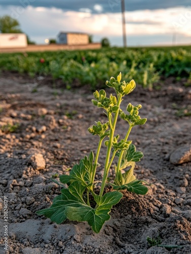 Close-up of a young plant emerging from the earth.