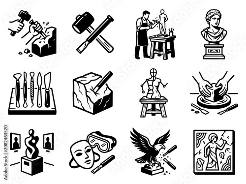 Konstfotografi Sculpture and Art Creation Icons Set: Stone Carving, Clay Modeling, Busts