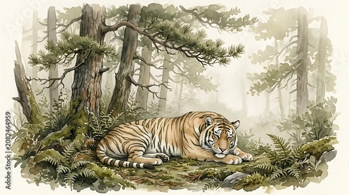 Majestic Tiger Resting Peacefully in a Lush Forest Landscape.