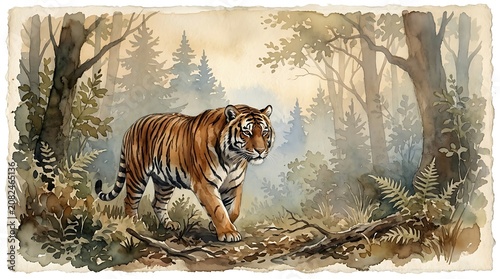 Majestic Tiger Roaming Through a Dense Forest Watercolor Painting.
