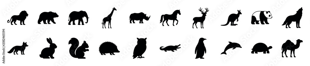 Obraz premium Collection of various animal silhouettes in black, including a lion, bear, elephant, giraffe, and many more, presented in a clean, graphic style