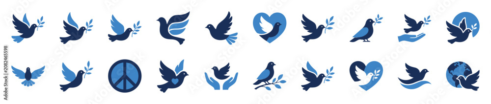 Fototapeta premium Collection of blue and dark blue dove icons in various poses and compositions, symbolizing peace and hope