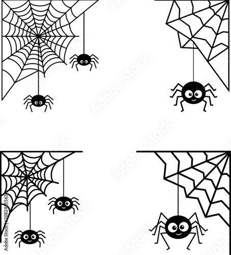 Halloween Spider Web Corner Icon Collection – Cute Cartoon Spider with Cobweb Outline Frame Set