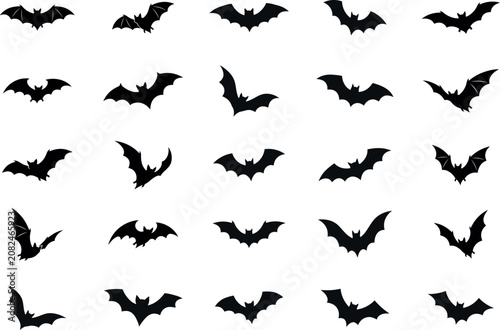 Halloween Bat Silhouette Icon Collection – Flying Bat Outline Shapes, Spooky Black Vector Set