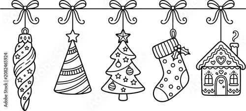 Christmas Holiday Outline Icon Set – Minimal Line Art Collection with Ornament, Tree, Stocking & Gingerbread House
