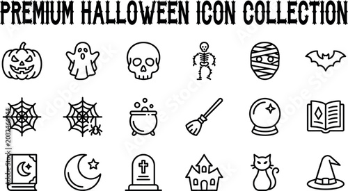 Premium Halloween Icon Collection – Minimal Outline Spooky Symbols Set, Pumpkin, Ghost, Skull, Spider Web, Witch Hat, Bat, Mummy, Cat, Haunted House Vector Icons