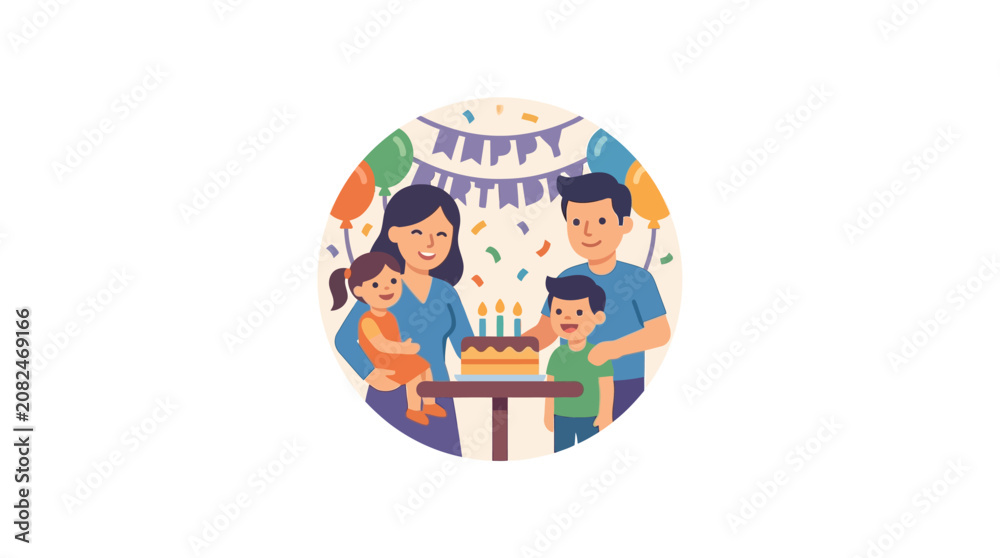 Fototapeta premium Happy Family Birthday Celebration with Cake and Balloons