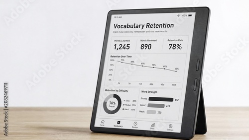 Plakat E-Reader Tablet Displaying Vocabulary Retention Data and Progress Analytics Dashboard on Wooden Table