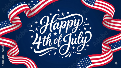 Happy 4th of July celebration, patriotic ribbon, American flag, festive, blue background