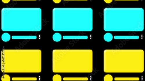 Seamless loop of a vertically scrolling video interface featuring bright cyan and yellow glowing video thumbnails