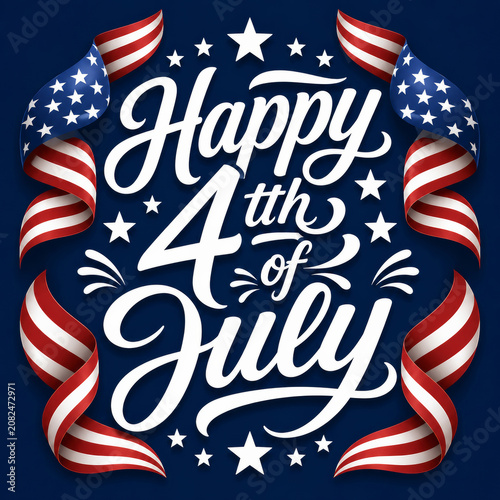 Happy 4th of July patriotic celebration with American flag ribbon, stars, and festive design