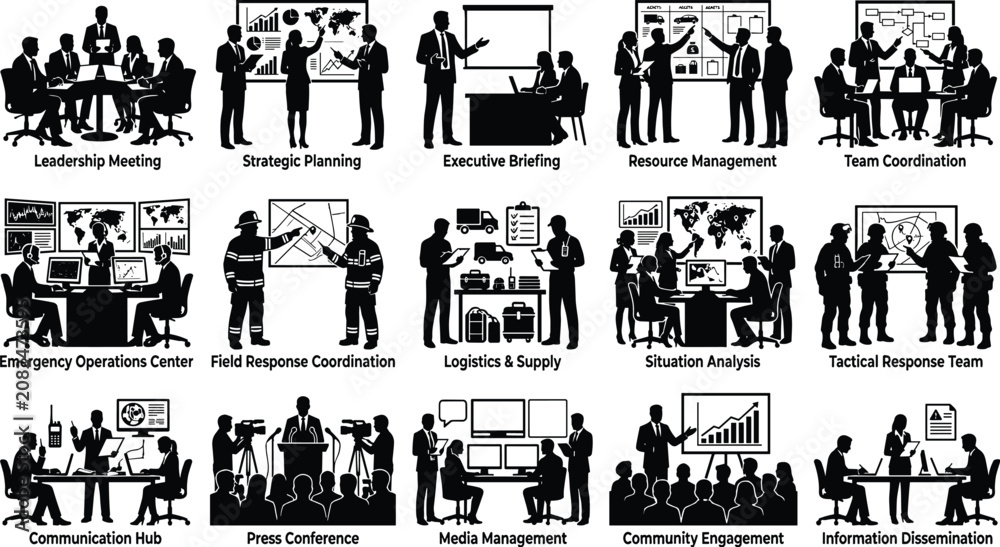Obraz premium Emergency Management Workforce Silhouette Collection. Disaster Response, Incident Command, Vector Illustration Pack