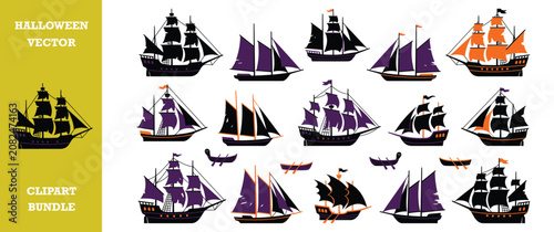 Quadro su tela Halloween pirate ship clipart set with ghost ships galleons schooners and wooden rowboats