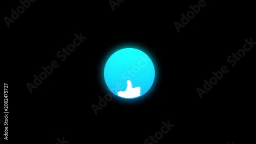 Animated like button animation on a black background. A smooth animation of a thumbs up icon emerging with in the circle. Perfect for used in feedback,approval,like or success notification animations