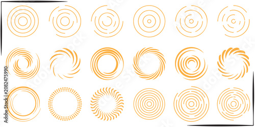 Abstract geometric monochrome speed circle line vortex vector illustration set. Simple linear concentric radial arc swoop pattern collection, minimalist black dynamic shell segment loop element pack 