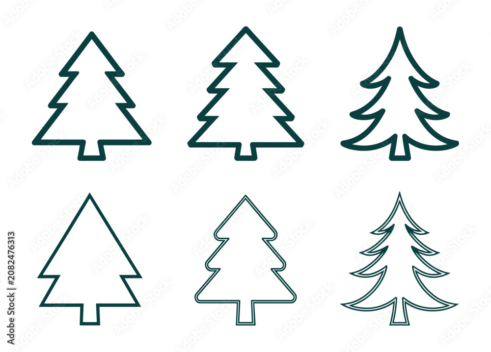 Obraz premium Christmas Tree Icons: A collection of stylized Christmas tree outlines in various sizes and green hues, perfect for festive designs and holiday greetings.