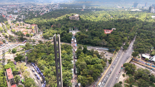 Aerial view of Paseo de la Reforma avenue and skyscrapers. Drone shot of corporate buildings and modern city skyline in Mexico City, CDMX.