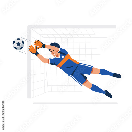 фотографія Professional soccer goalkeeper in blue uniform jumping making a dramatic diving save to block the ball