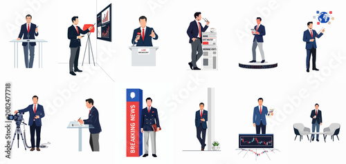 Obraz na płótnie Collection of news anchor and broadcast journalist characters in various studio settings and professional poses for television and media reporting