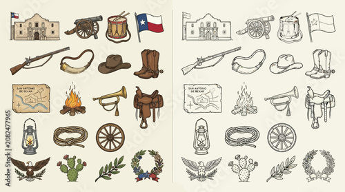 Tableau sur toile Collection of Texas historical symbols and icons, including the Alamo, cowboy gear, and Texan flag