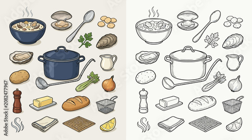 Foto Collection of ingredients and cooking utensils for preparing a delicious seafood chowder soup