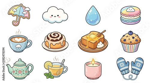Bild auf Leinwand A collection of cute cartoon icons featuring cozy items like coffee, tea, baked goods, and weather elements such as an umbrella and cloud