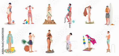 Set of diverse people in swimwear drying off with towels after swimming, featuring various beach and pool activities in a flat illustration style.