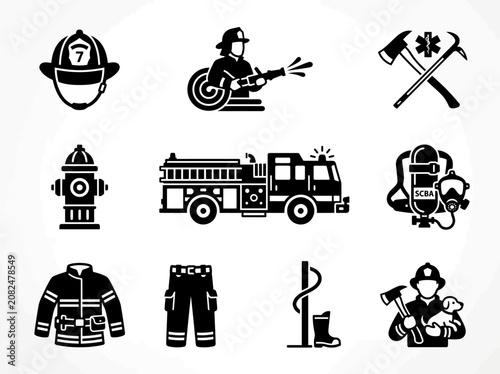 Firefighter Equipment and Icons: Helmet, Truck, Hose, Axe, Hydrant, Gear