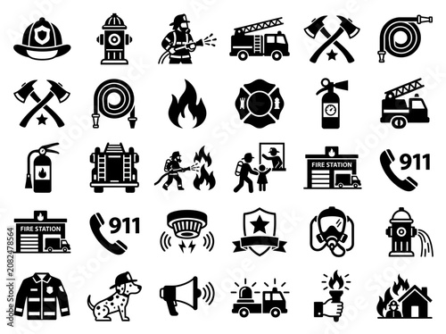 Firefighter Icons: Safety, Emergency, and Rescue Equipment Collection