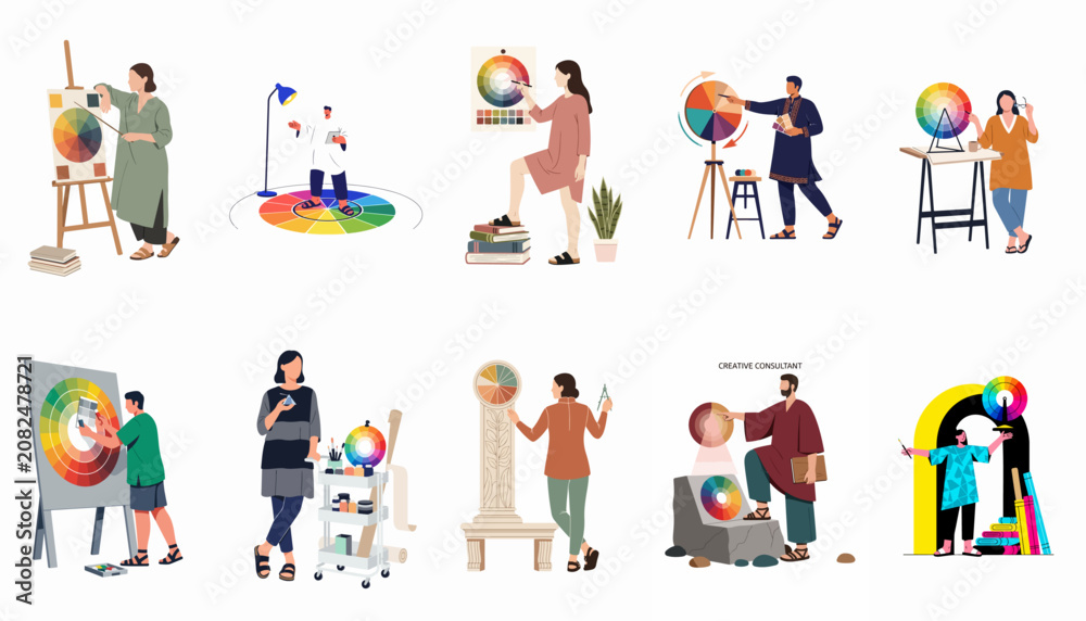 Fototapeta premium Collection of creative professionals and artists interacting with color wheels and palettes for various design, art, and consultation projects.