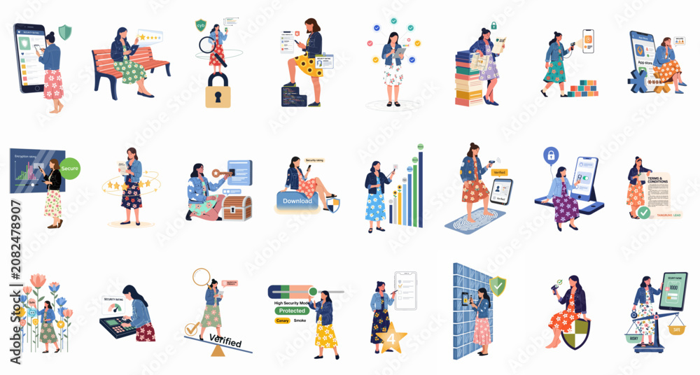 Fototapeta premium Collection of illustrations featuring a woman interacting with digital security concepts, app safety, data privacy, and cybersecurity elements on a white background.