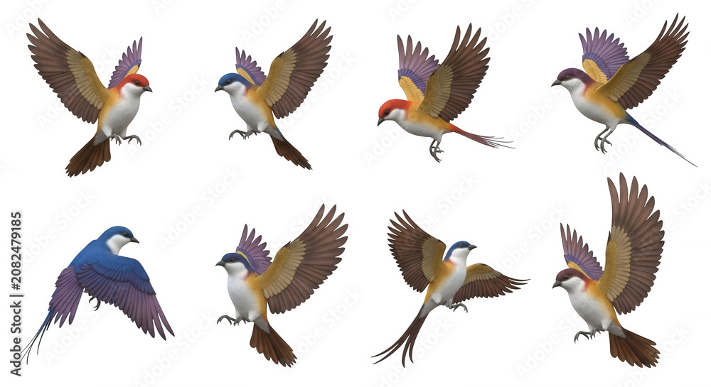 Fototapeta premium colorful birds in mid flight on a white background useful for educational content illustrations and design elements