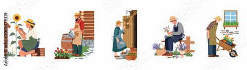 A set of flat illustrations featuring people of various ages engaged in diverse gardening activities like watering, pruning, and planting flowers.