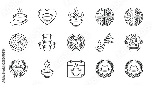 Fotografie Rice Bowl Icons: Handheld, Heart, Infinity, Pie, Calendar, Wreath, Crown