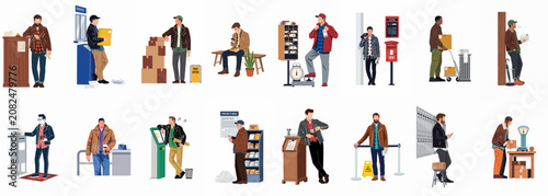 Obraz na płótnie Large collection of men using various post office services, sending mail, and receiving packages in a flat design vector illustration