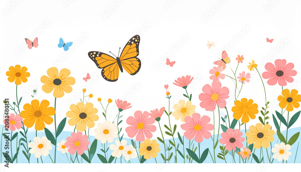Fototapeta premium Flat Butterfly and Flowers Art