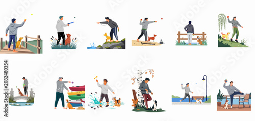 Tableau sur toile Set of twelve flat vector illustrations featuring a young man enjoying outdoor activities and training sessions with his faithful dog companion