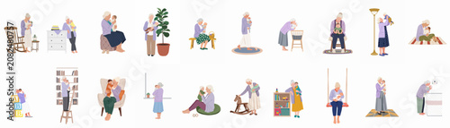 Schilderij op canvas Flat vector illustration set of a grandmother caring for and playing with her baby grandchild in various home settings