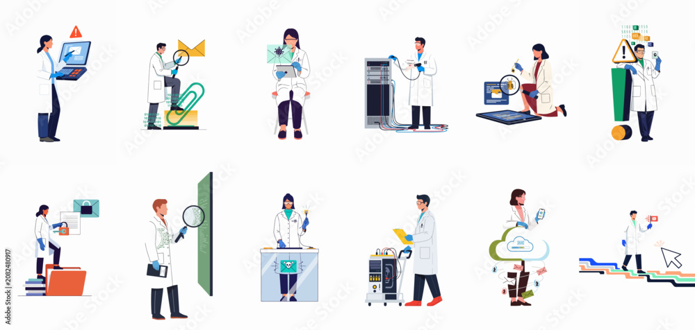 Fototapeta premium A collection of diverse IT professionals and scientists in white lab coats performing tasks related to cybersecurity, data analysis, and technical server maintenance.