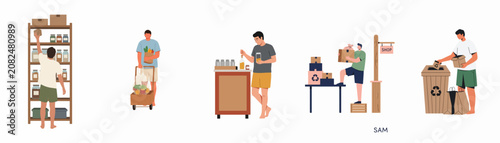 Foto Vector illustration of a man practicing a sustainable lifestyle including zero-waste shopping, recycling, and organized pantry storage for eco-friendly conscious living