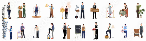 Obraz na plátně Collection of flat vector illustrations featuring men in formal attire performing various roles and tasks at a wedding, gala, or celebratory event
