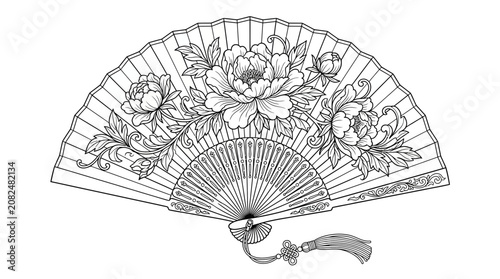 Decorative floral folding hand fan line art illustration