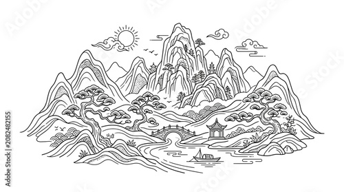 Fotografie Traditional oriental mountain landscape line art with river and bridge