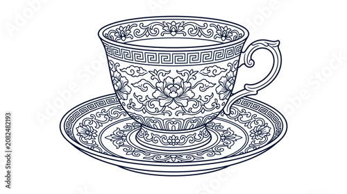 Ornate classic teacup and saucer with intricate floral line art