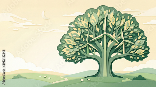 2D Digital Paper Cut Illustration of Wind Farm Integrated Inside Giant Tree Silhouette