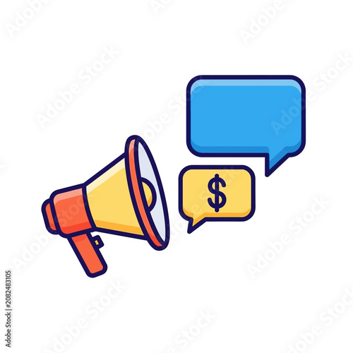Megaphone with speech bubbles and dollar sign on white background