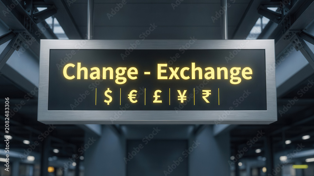 Fototapeta premium Foreign currency exchange sign with global symbols in terminal