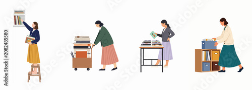 Bild auf Leinwand Flat illustration of women working in a library or bookstore, organizing bookshelves, pushing a book cart, and sorting documents and magazines