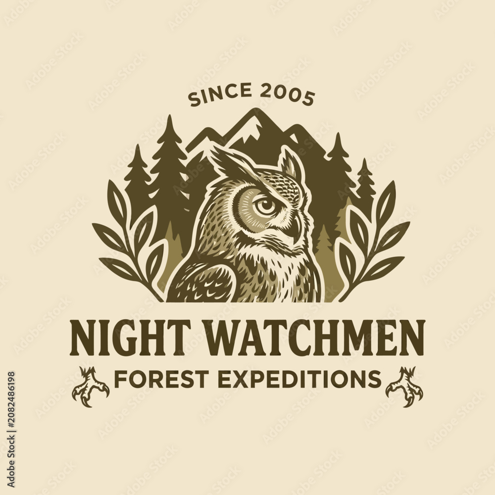 Naklejka premium Brown owl logo with forest background.